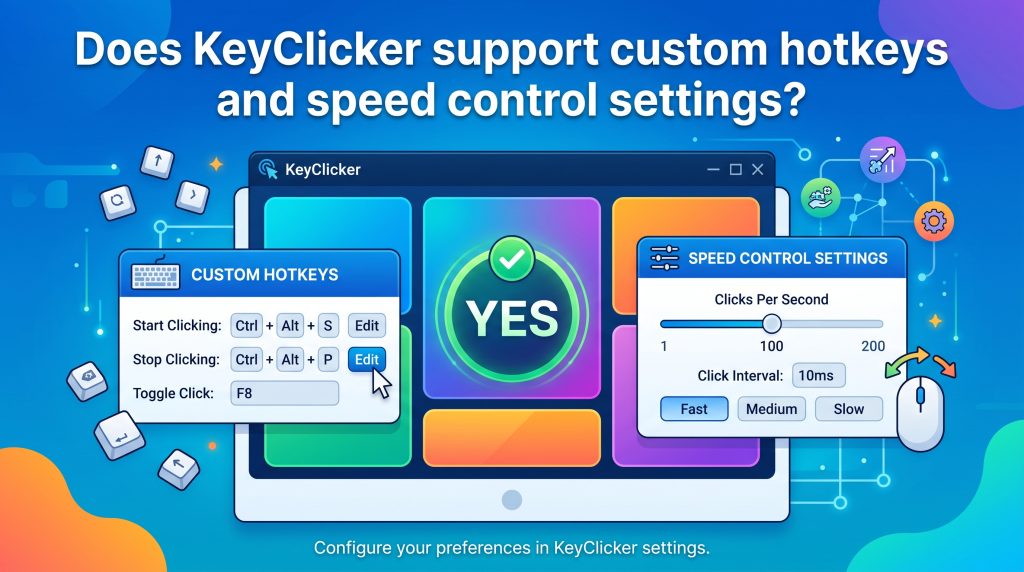 Does KeyClicker support custom hotkeys and speed control settings